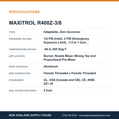Maxitrol R400Z-3/8 Gas Pressure Regulator specifications — New England Supply House [NESH-SPECTABLE-V1]