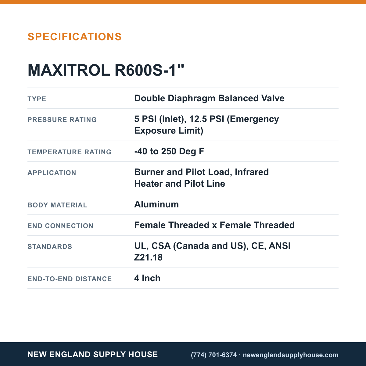 Maxitrol R600S-1" Gas Pressure Regulator specifications — New England Supply House [NESH-SPECTABLE-V1]