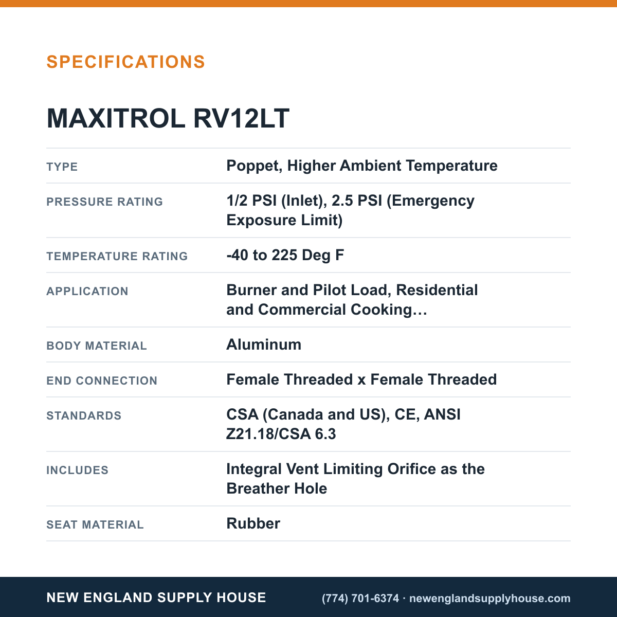 Maxitrol RV12LT Gas Pressure Regulator specifications — New England Supply House [NESH-SPECTABLE-V1]