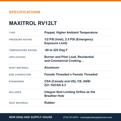 Maxitrol RV12LT Gas Pressure Regulator specifications — New England Supply House [NESH-SPECTABLE-V1]