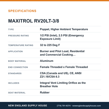 Maxitrol RV20LT-3/8 Gas Pressure Regulator specifications — New England Supply House [NESH-SPECTABLE-V1]