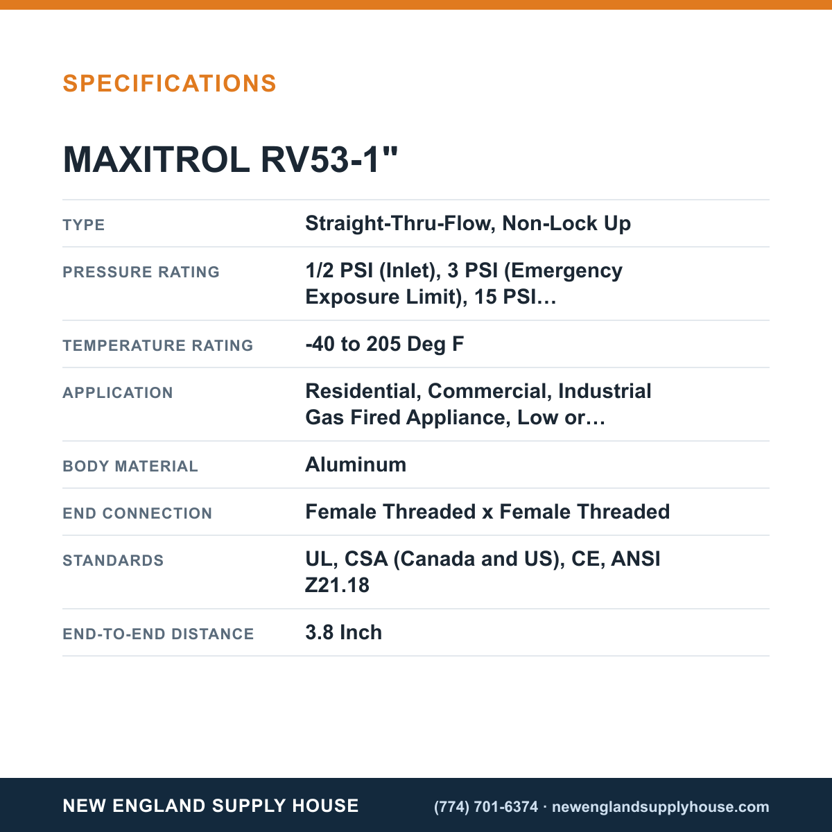 Maxitrol RV53-1" Gas Pressure Regulator specifications — New England Supply House [NESH-SPECTABLE-V1]