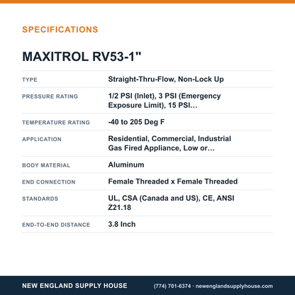 Maxitrol RV53-1" Gas Pressure Regulator specifications — New England Supply House [NESH-SPECTABLE-V1]