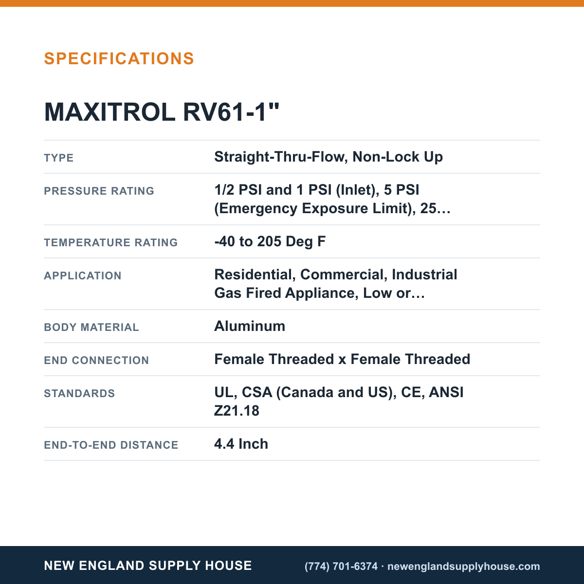 Maxitrol RV61-1" Gas Pressure Regulator specifications — New England Supply House [NESH-SPECTABLE-V1]