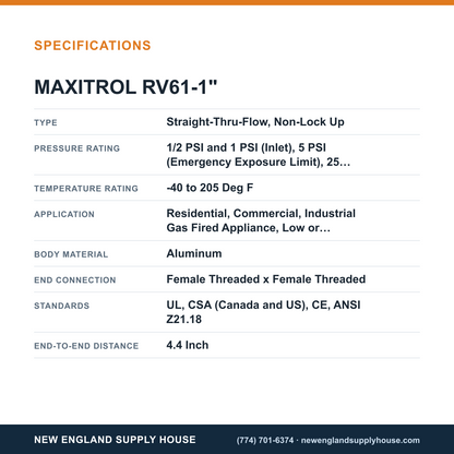Maxitrol RV61-1" Gas Pressure Regulator specifications — New England Supply House [NESH-SPECTABLE-V1]