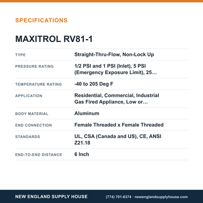 Maxitrol RV81-1 Gas Pressure Regulator specifications — New England Supply House [NESH-SPECTABLE-V1]