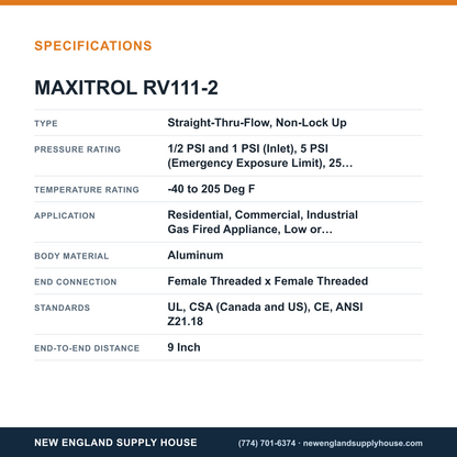 Maxitrol RV111-2 Gas Pressure Regulator specifications — New England Supply House [NESH-SPECTABLE-V1]