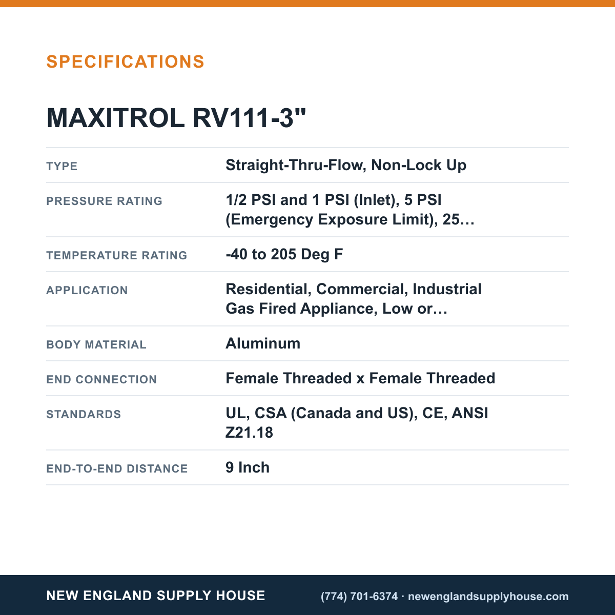 Maxitrol RV111-3" Gas Pressure Regulator specifications — New England Supply House [NESH-SPECTABLE-V1]