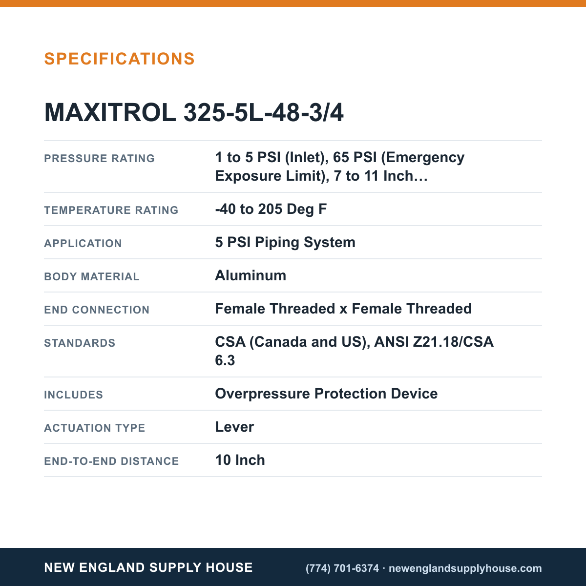 Maxitrol 325-5L-48-3/4 Line Pressure Regulator specifications — New England Supply House [NESH-SPECTABLE-V1]