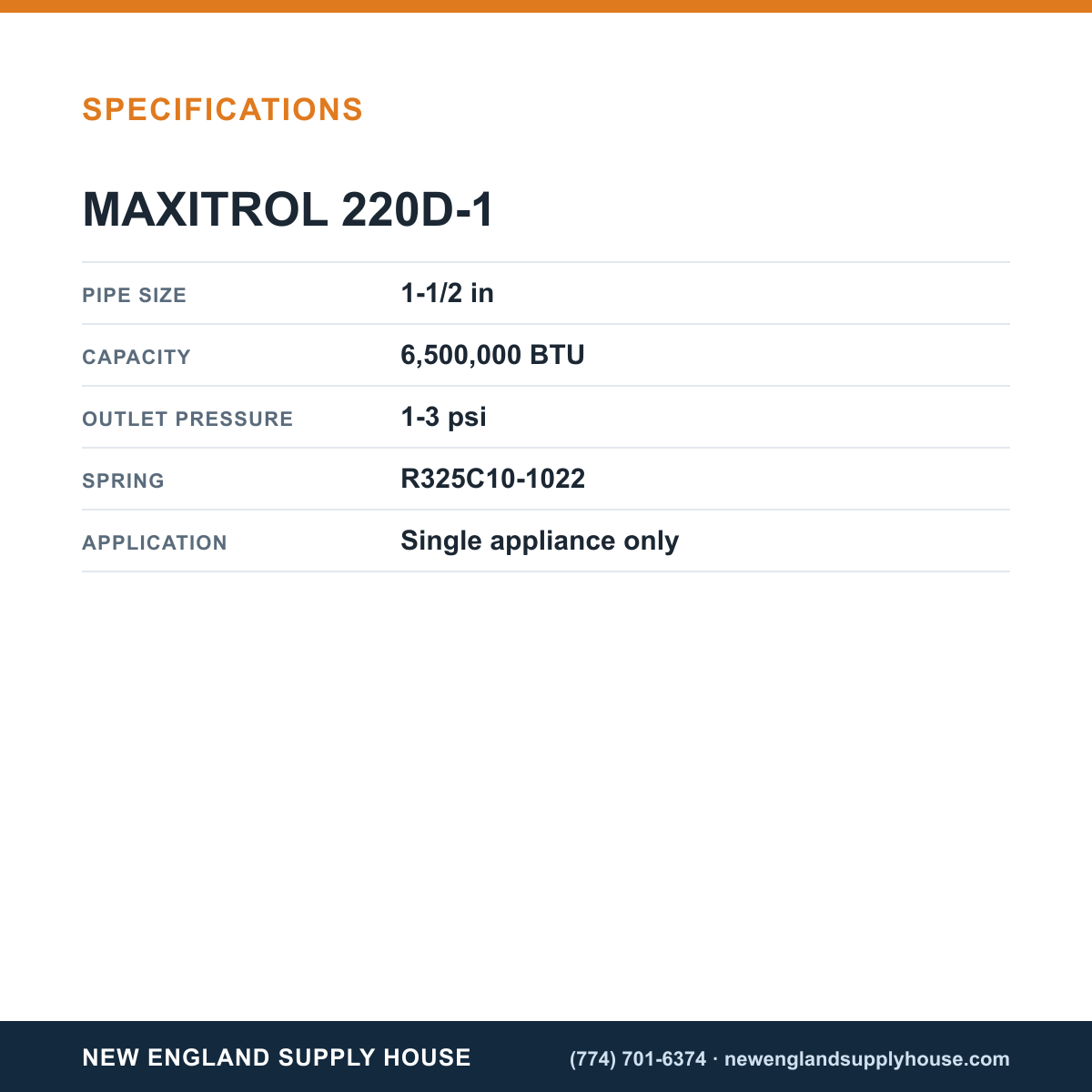 Maxitrol 220D-1 Gas Pressure Regulator specifications — New England Supply House [NESH-SPECTABLE-V1]