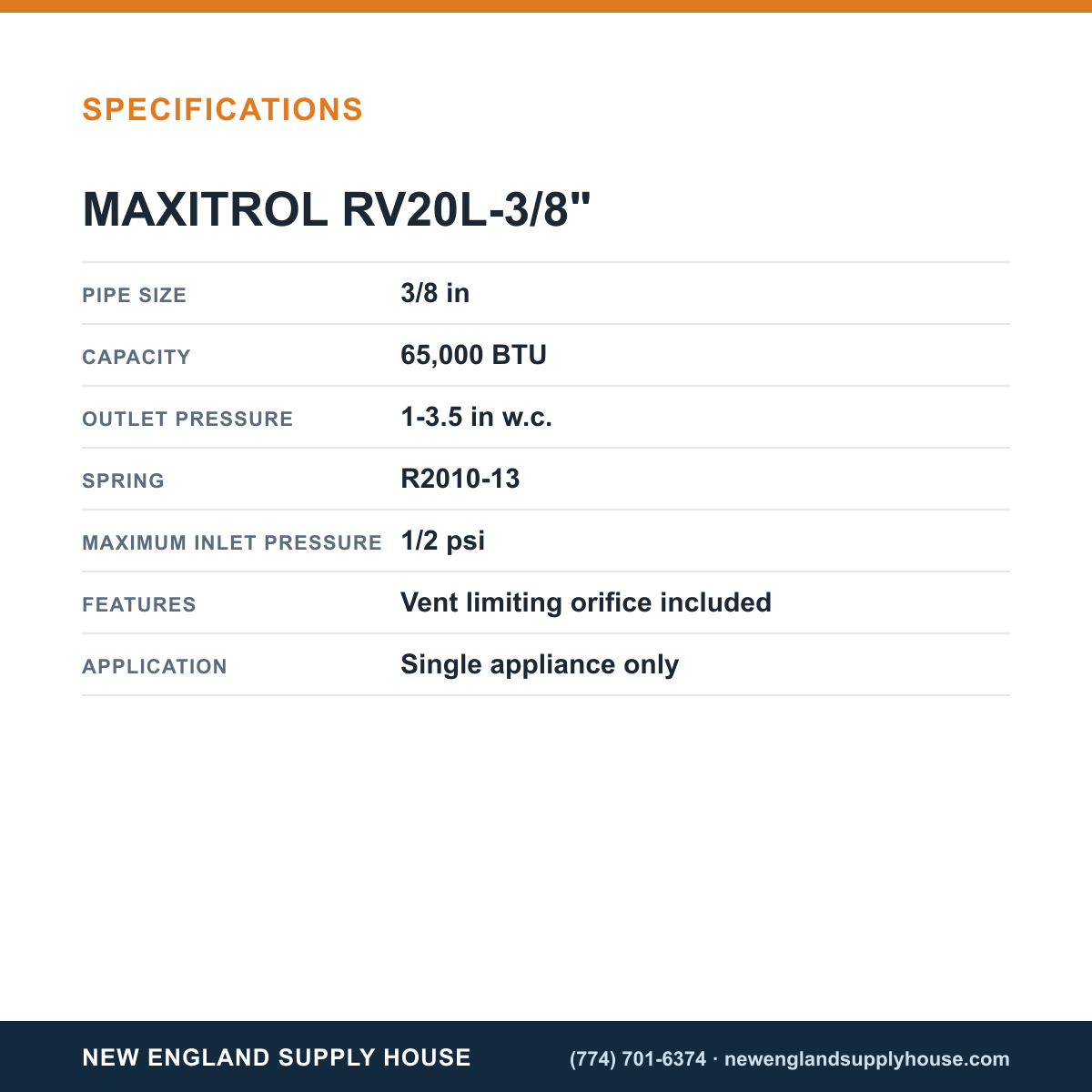 Maxitrol RV20L-3/8" Gas Pressure Regulator specifications — New England Supply House [NESH-SPECTABLE-V1]