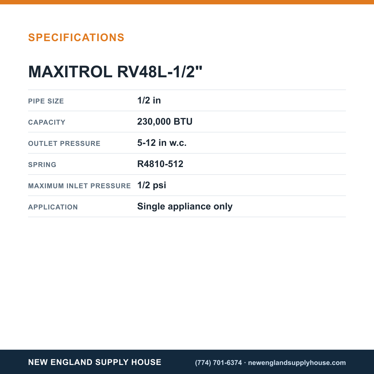 Maxitrol RV48L-1/2" Gas Pressure Regulator specifications — New England Supply House [NESH-SPECTABLE-V1]