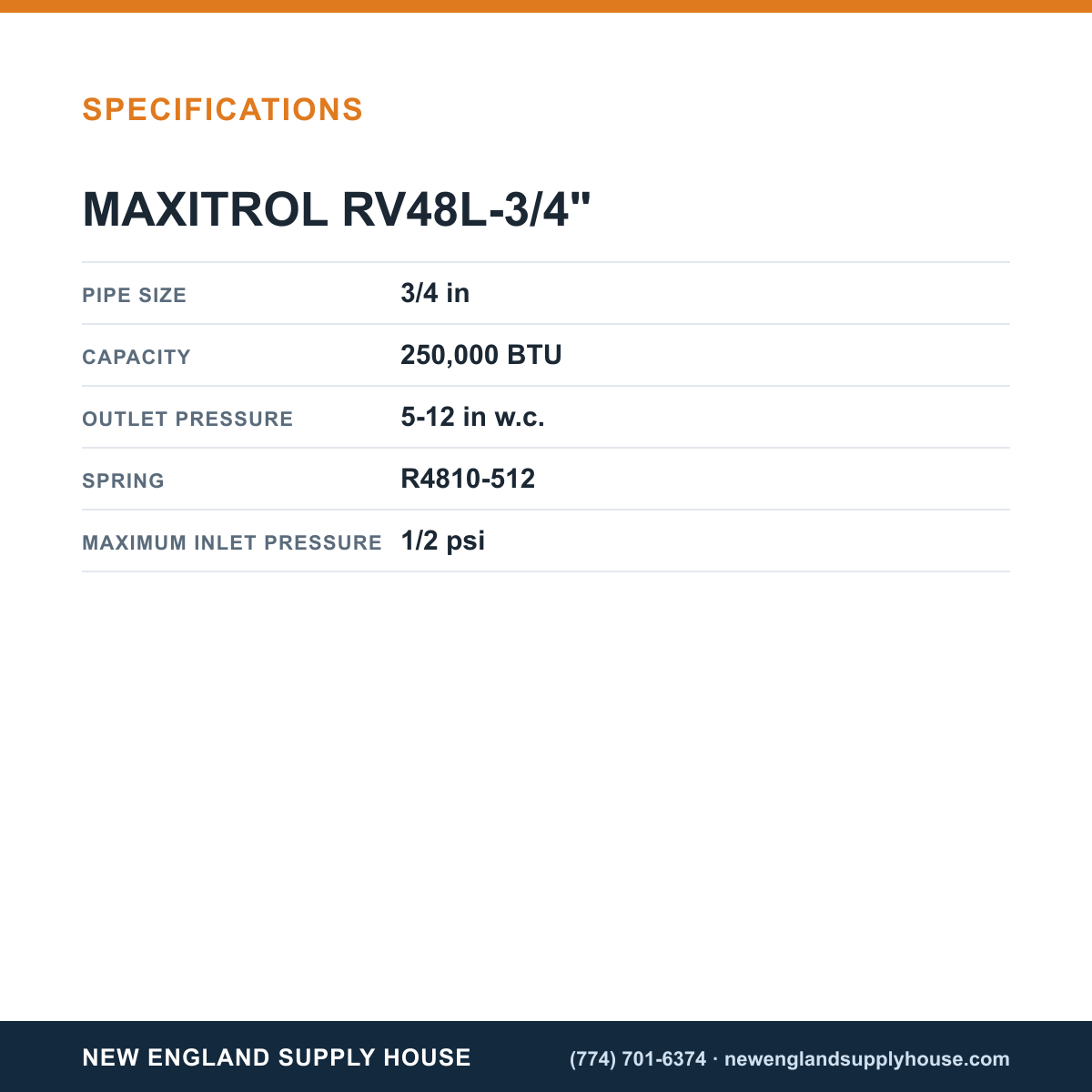 Maxitrol RV48L-3/4" Gas Regulator specifications — New England Supply House [NESH-SPECTABLE-V1]