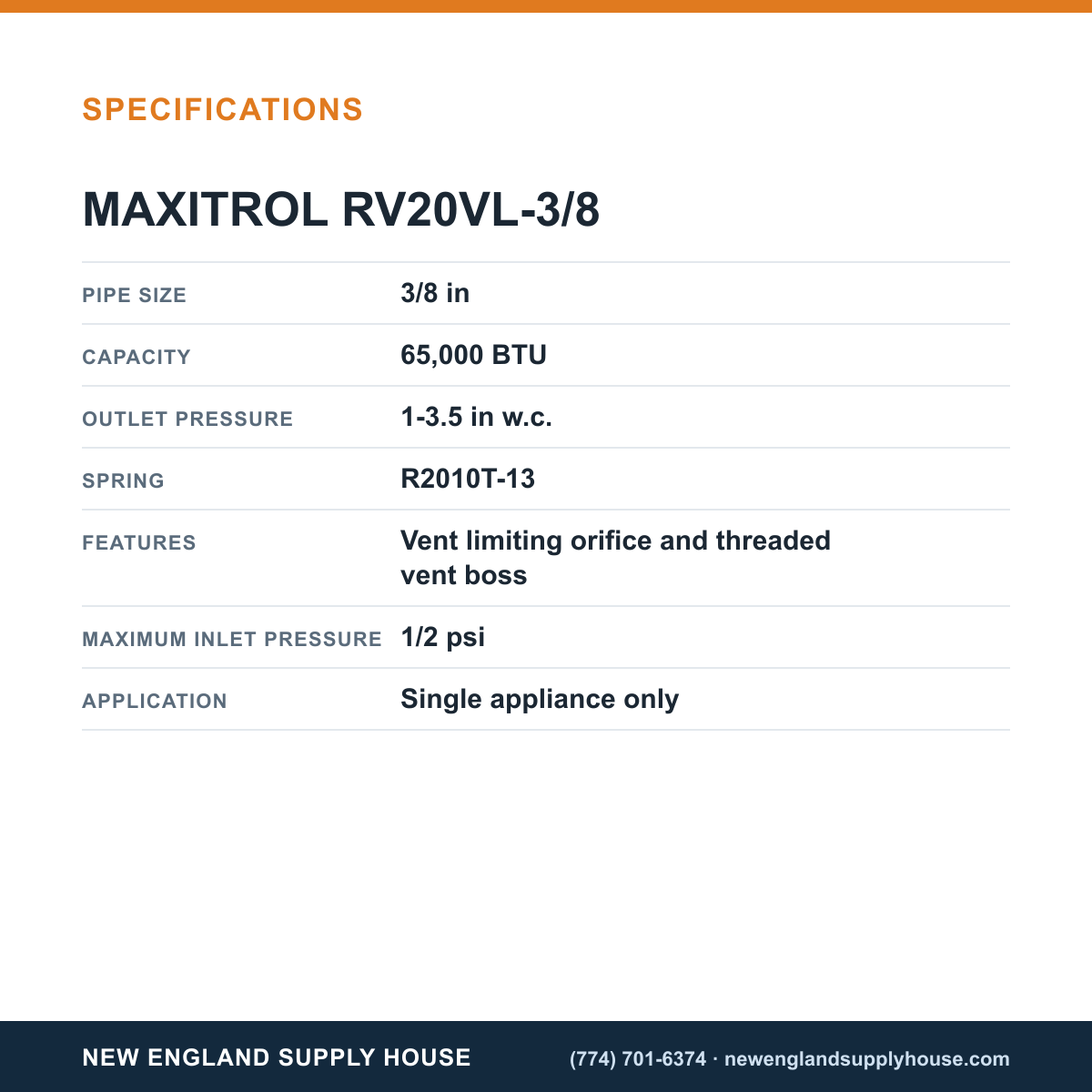 Maxitrol RV20VL-3/8 Gas Pressure Regulator specifications — New England Supply House [NESH-SPECTABLE-V1]