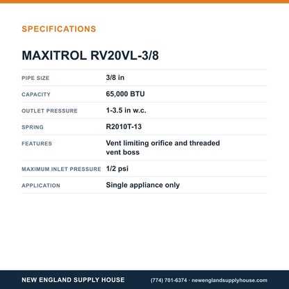 Maxitrol RV20VL-3/8 Gas Pressure Regulator specifications — New England Supply House [NESH-SPECTABLE-V1]