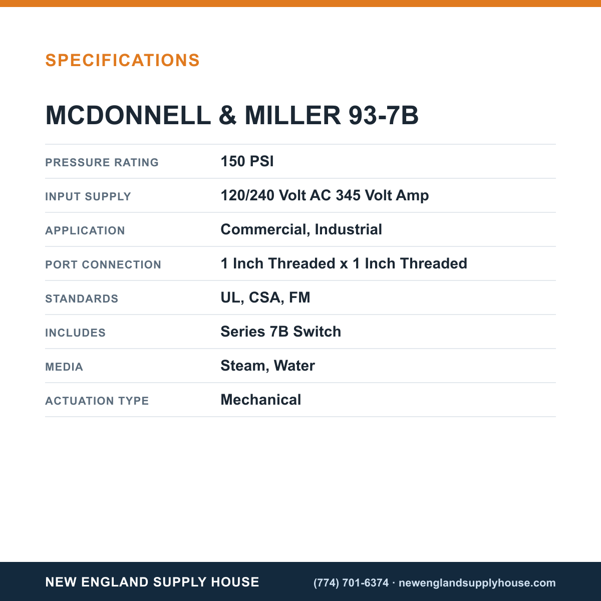 McDonnell & Miller 93-7B Boiler Low Water Cut-Off/Pump Controller specifications — New England Supply House [NESH-SPECTABLE-V1]