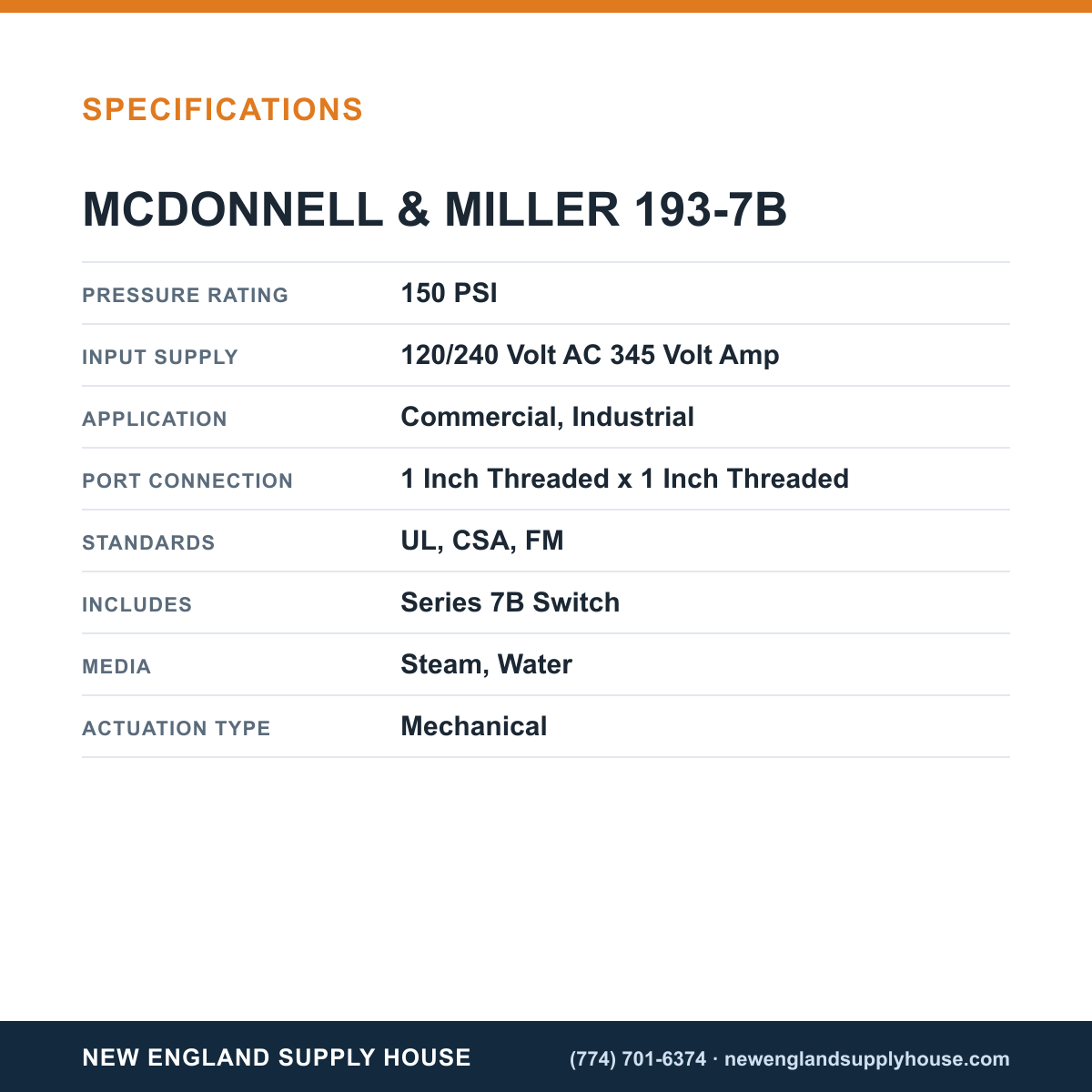 McDonnell & Miller 193-7B Boiler Low Water Cut-Off/Pump Controller specifications — New England Supply House [NESH-SPECTABLE-V1]