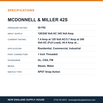 McDonnell & Miller 42S Boiler Low Water Cut-Off/Pump Controller specifications — New England Supply House [NESH-SPECTABLE-V1]