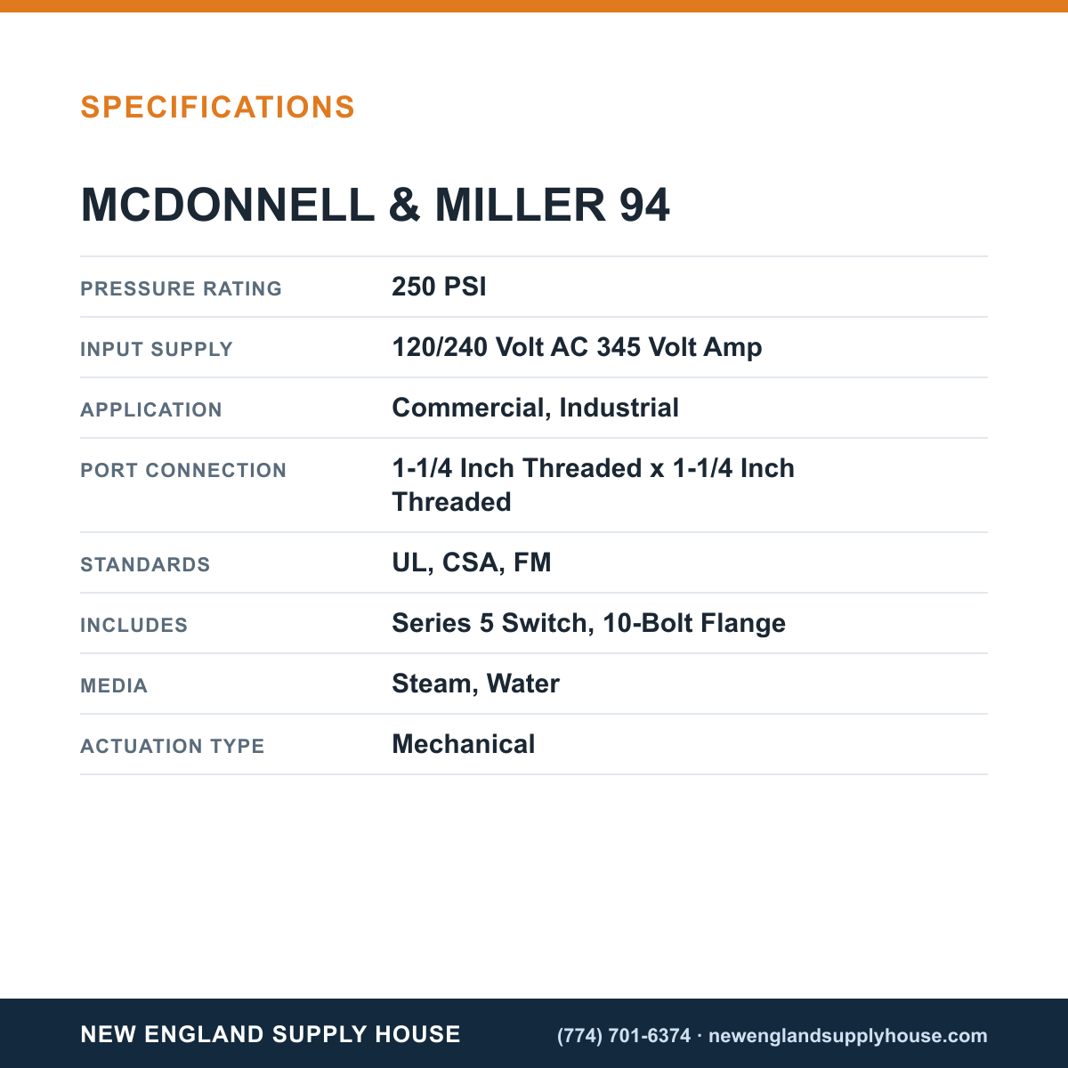 McDonnell & Miller 94 Boiler Low Water Cut-Off/Pump Controller specifications — New England Supply House [NESH-SPECTABLE-V1]