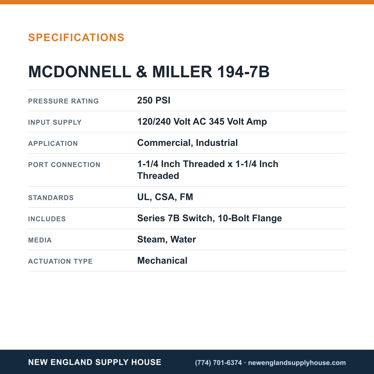 McDonnell & Miller 194-7B Boiler Low Water Cut-Off/Pump Controller specifications — New England Supply House [NESH-SPECTABLE-V1]