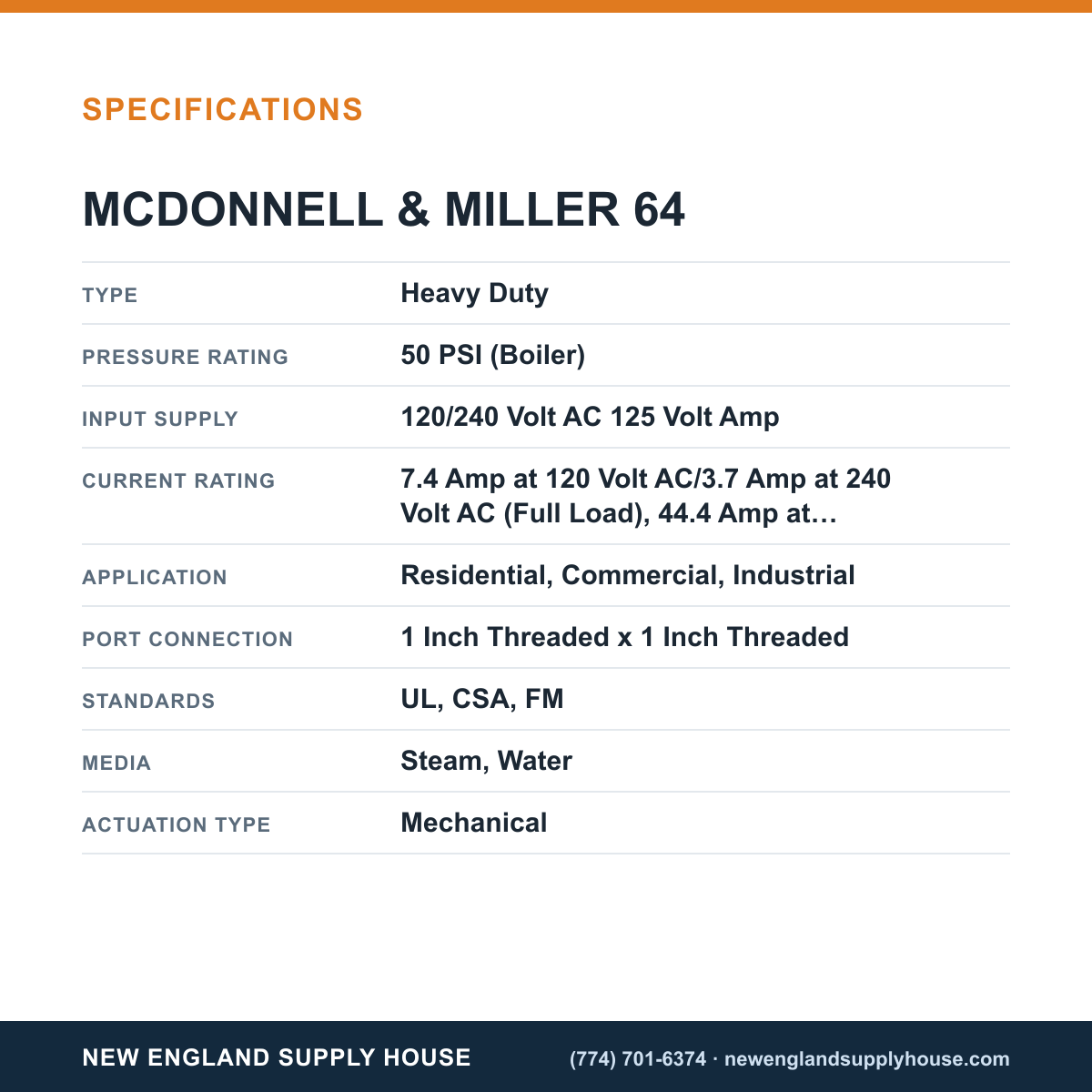 McDonnell & Miller 64 Boiler Low Water Cut-Off specifications — New England Supply House [NESH-SPECTABLE-V1]
