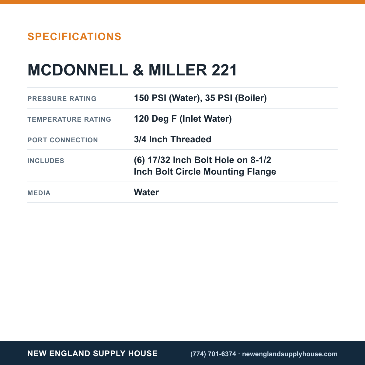 McDonnell & Miller 221 Boiler Make-Up Water Feeder specifications — New England Supply House [NESH-SPECTABLE-V1]