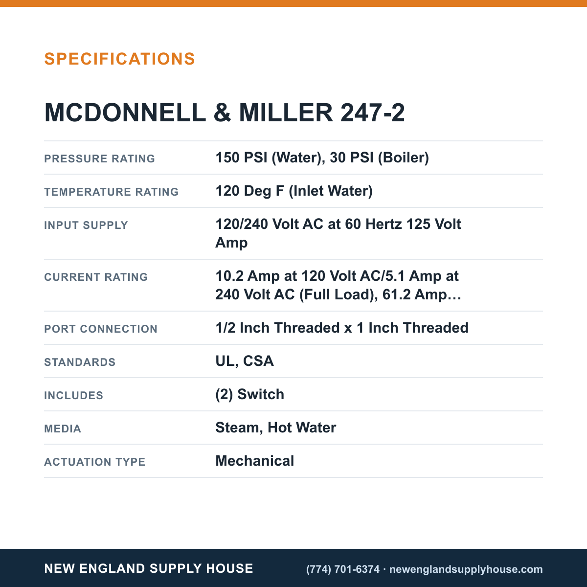 McDonnell & Miller 247-2 Boiler Water Feeder specifications — New England Supply House [NESH-SPECTABLE-V1]