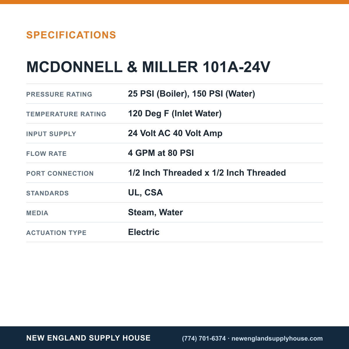 McDonnell & Miller 101A-24V Boiler Water Feeder specifications — New England Supply House [NESH-SPECTABLE-V1]