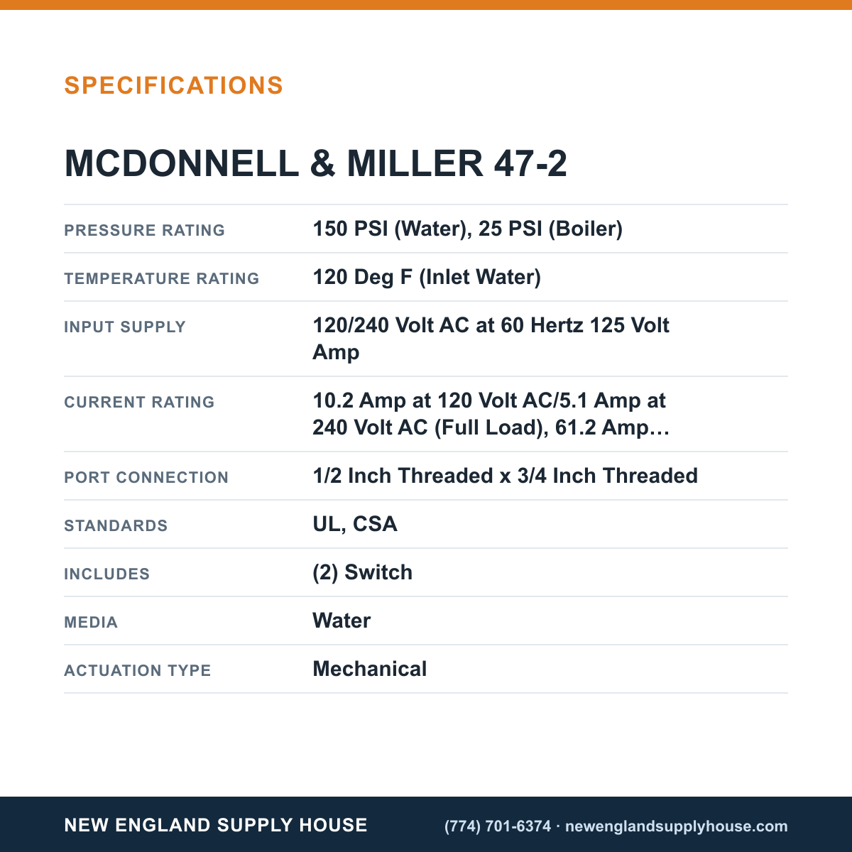 McDonnell & Miller 47-2 Boiler Water Feeder specifications — New England Supply House [NESH-SPECTABLE-V1]