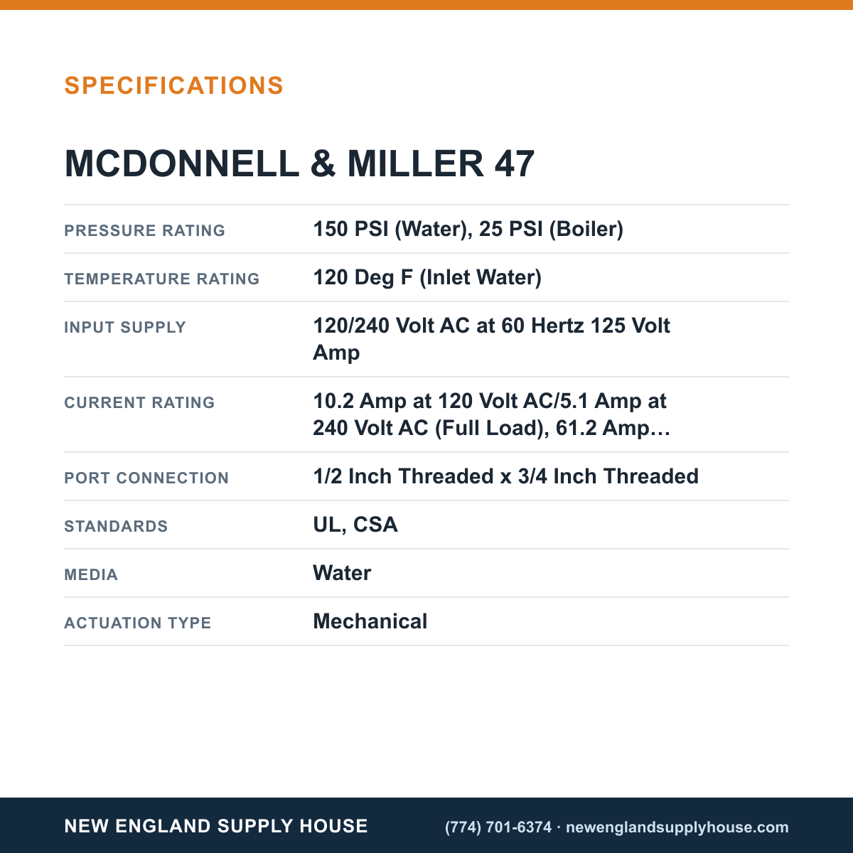 McDonnell & Miller 47 Boiler Water Feeder specifications — New England Supply House [NESH-SPECTABLE-V1]