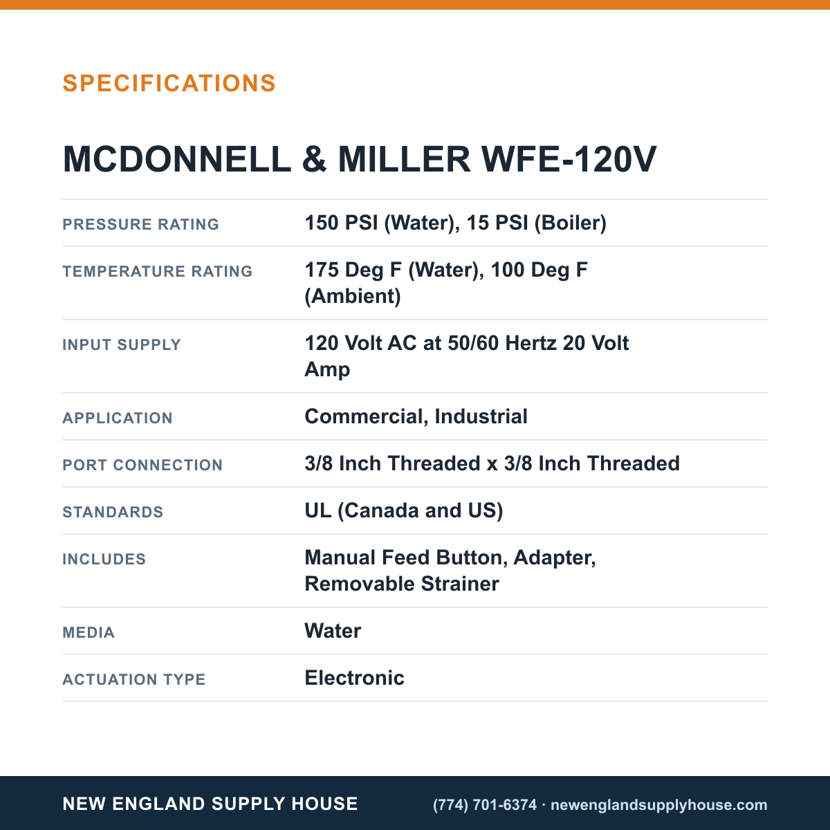 McDonnell & Miller WFE-120V Boiler Water Feeder specifications — New England Supply House [NESH-SPECTABLE-V1]