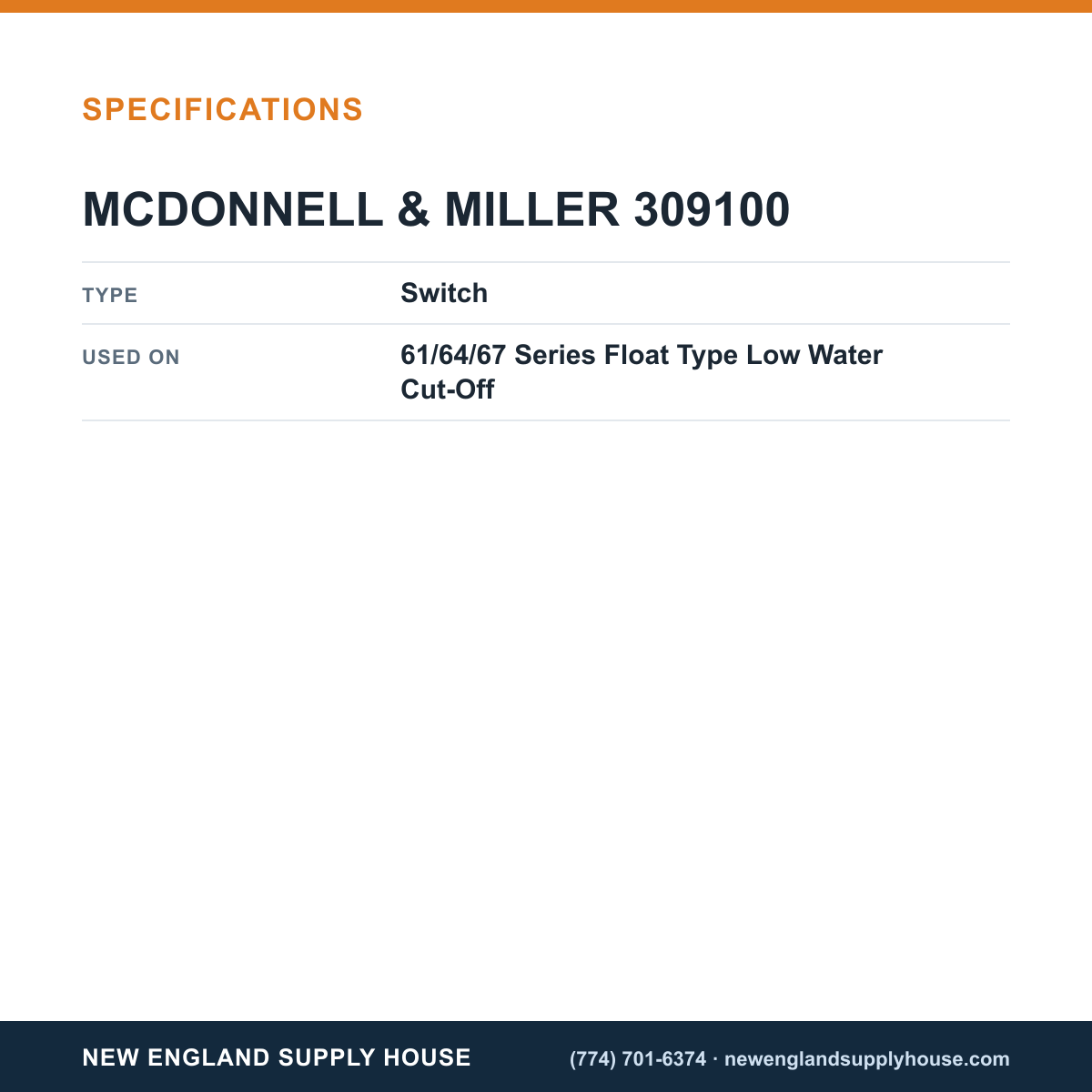 McDonnell & Miller 309100 Low Water Cut-Off Switch specifications — New England Supply House [NESH-SPECTABLE-V1]