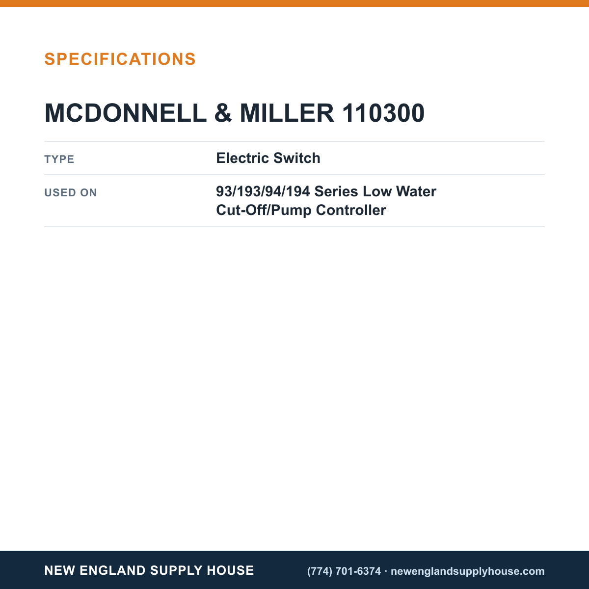 McDonnell & Miller 110300 Low Water Cut-Off/Pump Controller Electric switch specifications — New England Supply House [NESH-SPECTABLE-V1]