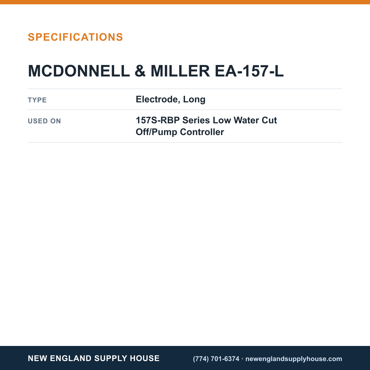 McDonnell & Miller EA-157-L Low Water Cut-Off/Pump Controller Electrode specifications — New England Supply House [NESH-SPECTABLE-V1]
