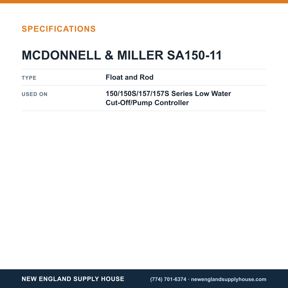 McDonnell & Miller SA150-11 Low Water Cut-Off/Pump Controller Float and Rod specifications — New England Supply House [NESH-SPECTABLE-V1]