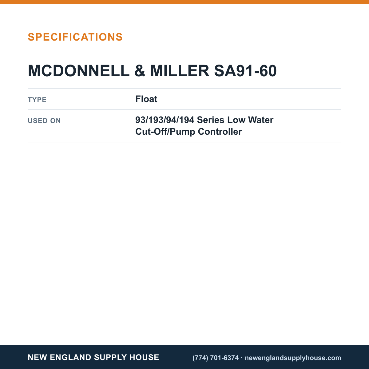 McDonnell & Miller SA91-60 Low Water Cut-Off/Pump Controller Float specifications — New England Supply House [NESH-SPECTABLE-V1]