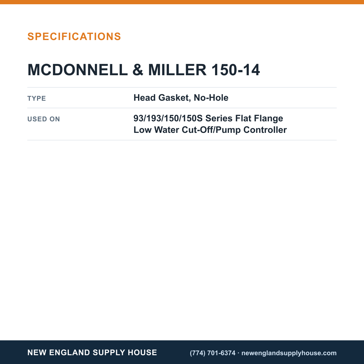 McDonnell & Miller 150-14 Low Water Cut-Off/Pump Controller Head Gasket specifications — New England Supply House [NESH-SPECTABLE-V1]
