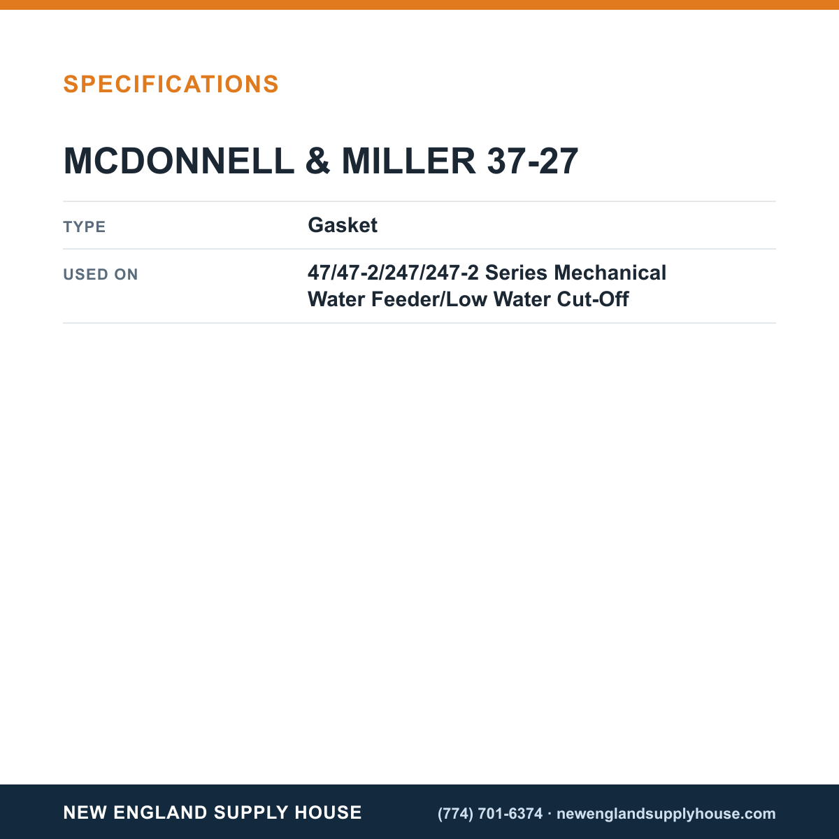 McDonnell & Miller 37-27 Mechanical Water Feeder/Low Water Cut-Off Gasket specifications — New England Supply House [NESH-SPECTABLE-V1]