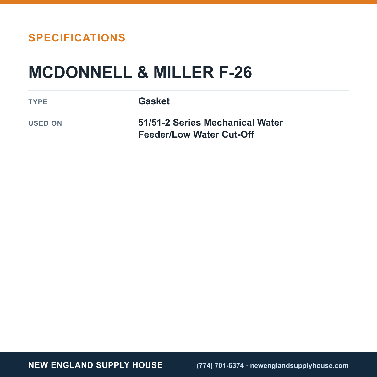 McDonnell & Miller F-26 Mechanical Water Feeder/Low Water Cut-Off Gasket specifications — New England Supply House [NESH-SPECTABLE-V1]