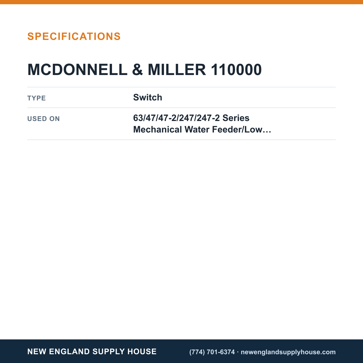 McDonnell & Miller 110000 Mechanical Water Feeder/Low Water Cut-Off Switch specifications — New England Supply House [NESH-SPECTABLE-V1]