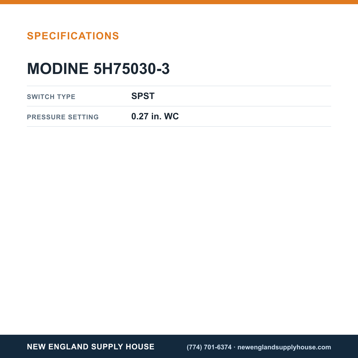 Modine 5H75030-3 Pressure Switch specifications — New England Supply House [NESH-SPECTABLE-V1]