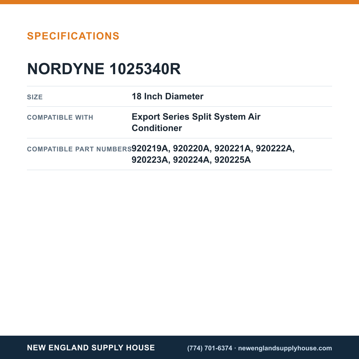 Nordyne 1025340R Air Conditioner Fan Blade specifications — New England Supply House [NESH-SPECTABLE-V1]