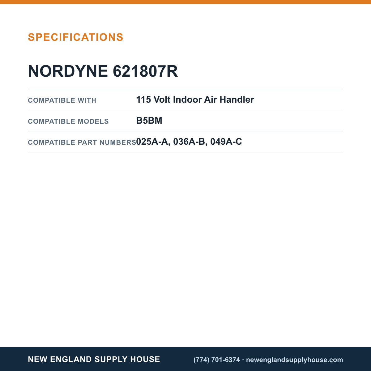 Nordyne 621807R Air Handler Transformer specifications — New England Supply House [NESH-SPECTABLE-V1]