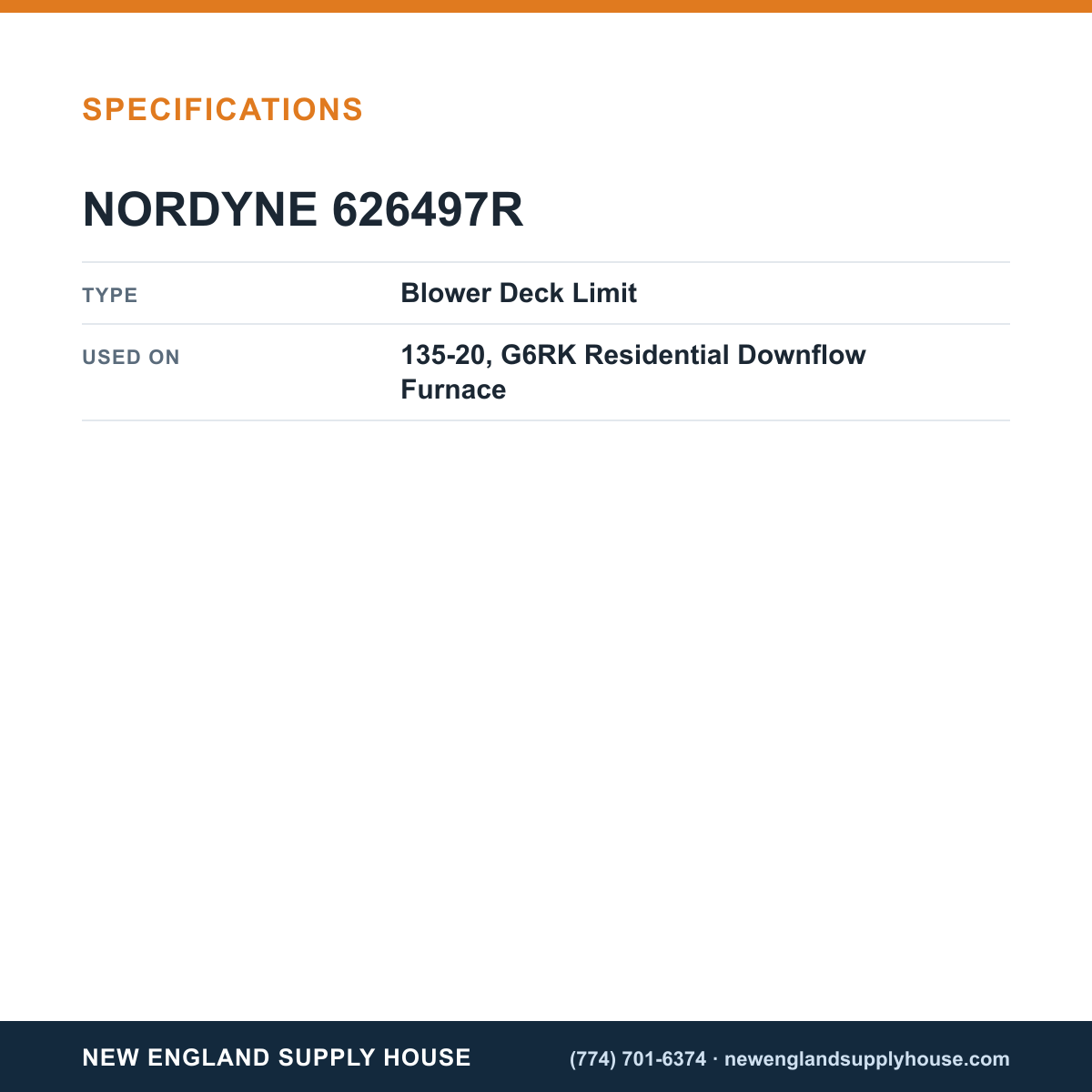 Nordyne 626497R Furnace Blower Deck Limit Switch specifications — New England Supply House [NESH-SPECTABLE-V1]