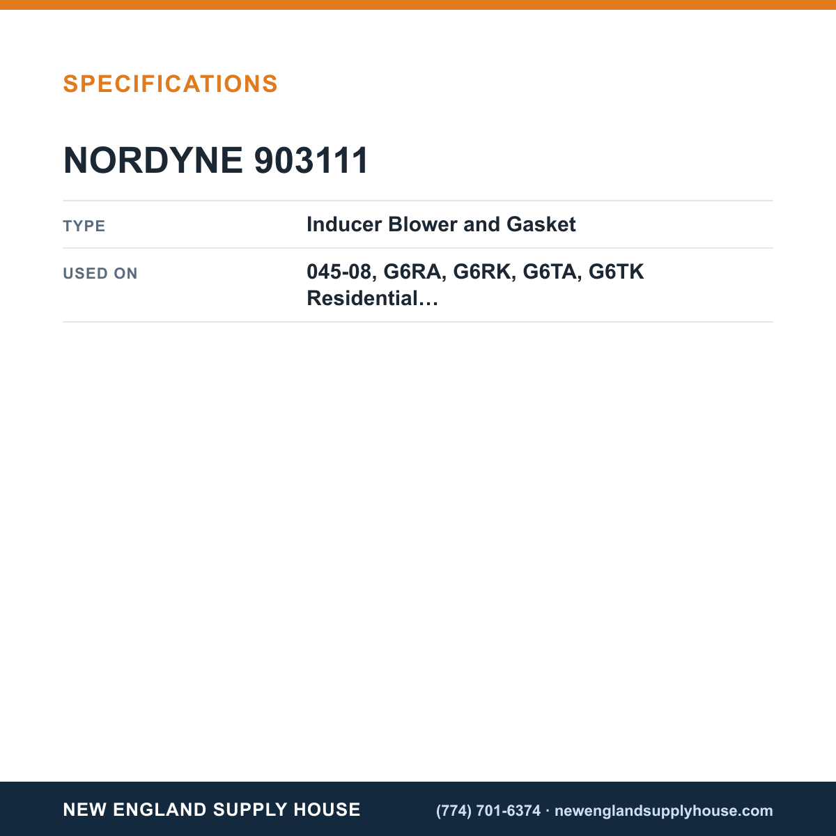 Nordyne 903111 Furnace Inducer Blower and Gasket specifications — New England Supply House [NESH-SPECTABLE-V1]