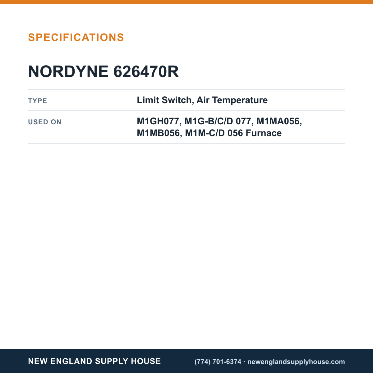 Nordyne 626470R Furnace Limit Switch specifications — New England Supply House [NESH-SPECTABLE-V1]