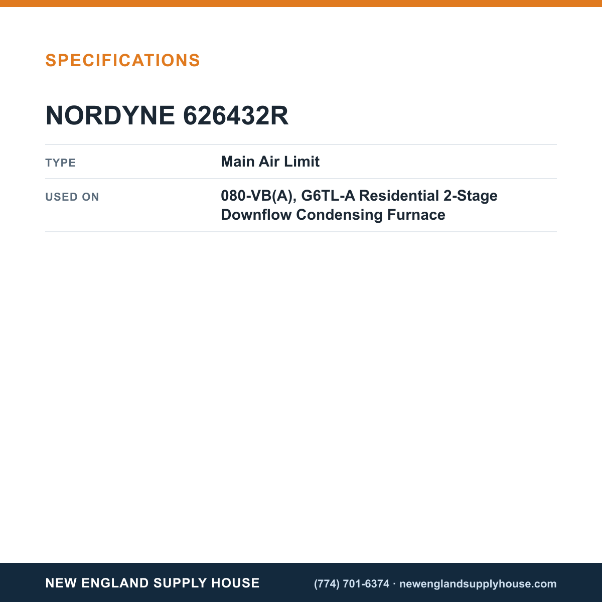 Nordyne 626432R Furnace Main Air Limit Switch specifications — New England Supply House [NESH-SPECTABLE-V1]