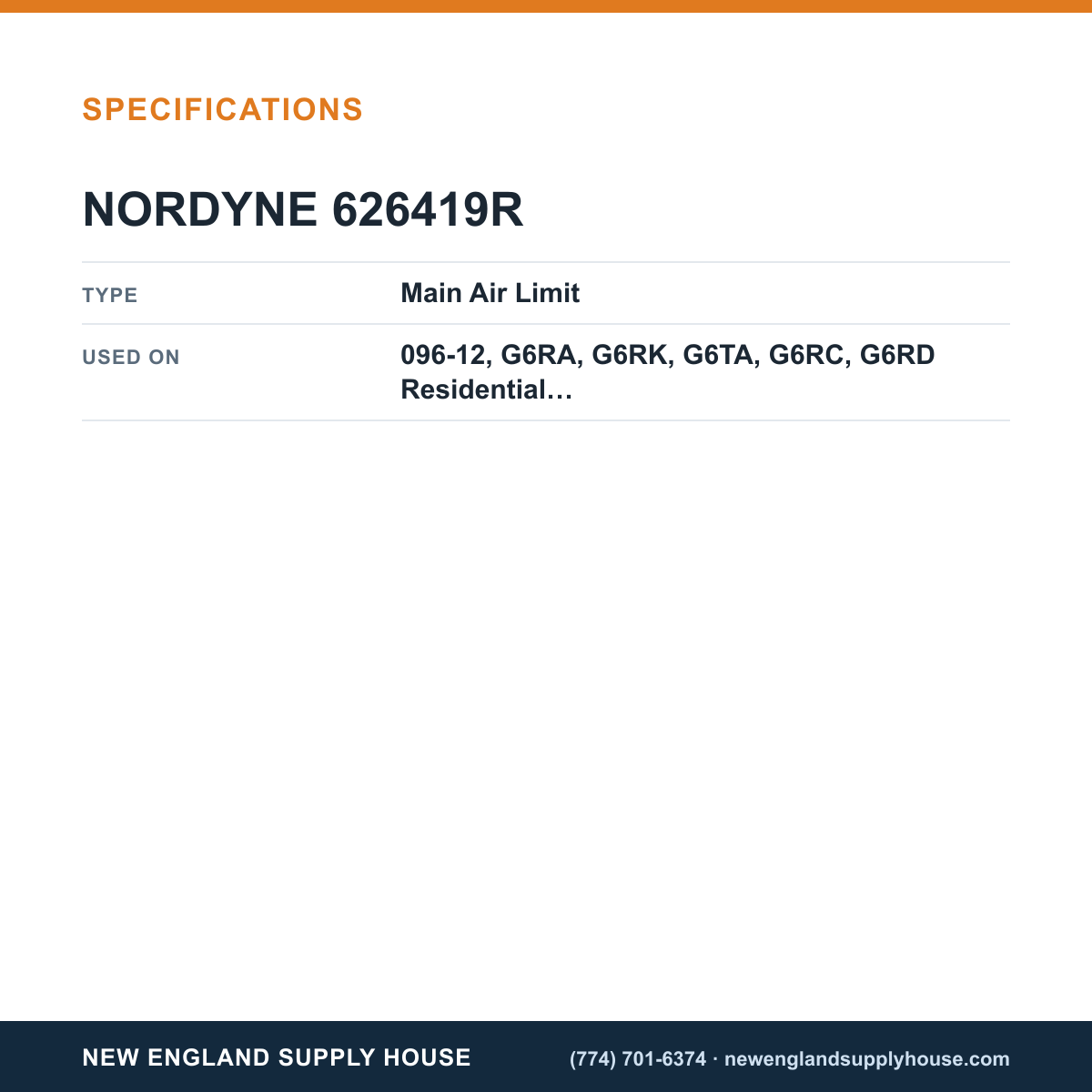 Nordyne 626419R Furnace Main Air Limit Switch specifications — New England Supply House [NESH-SPECTABLE-V1]