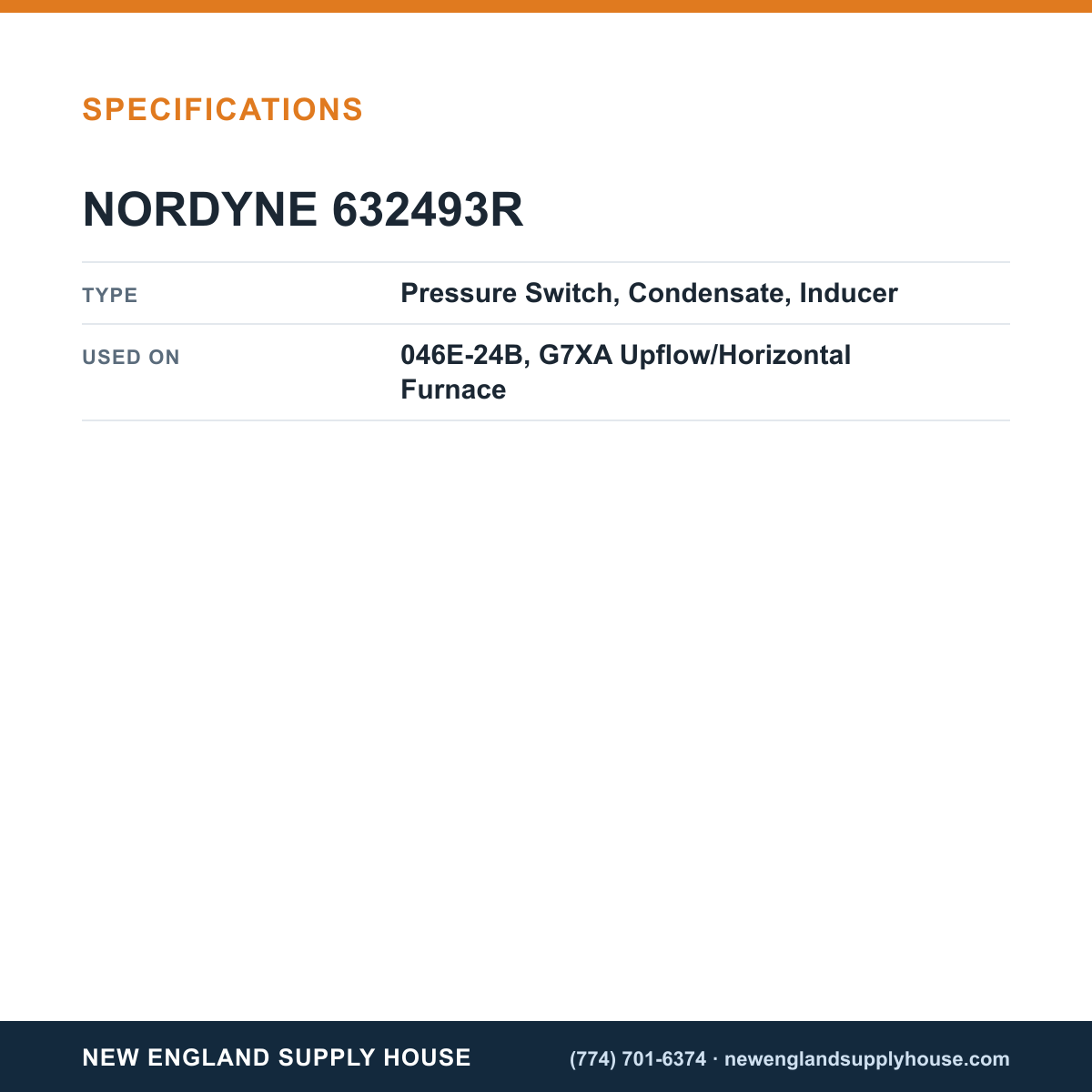 Nordyne 632493R Furnace Pressure Switch specifications — New England Supply House [NESH-SPECTABLE-V1]