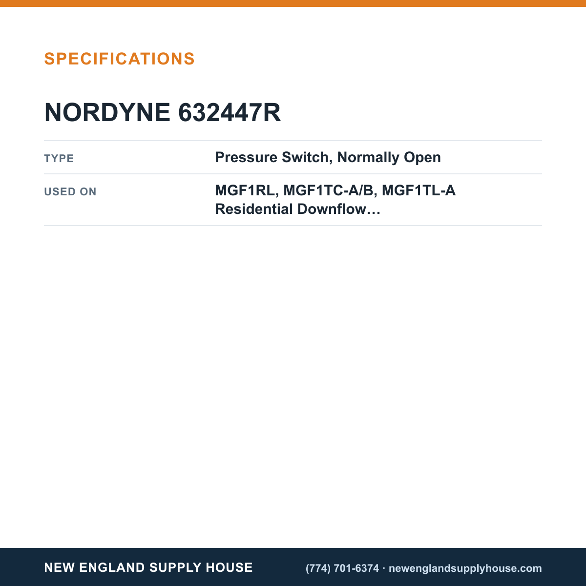 Nordyne 632447R Furnace Pressure Switch specifications — New England Supply House [NESH-SPECTABLE-V1]